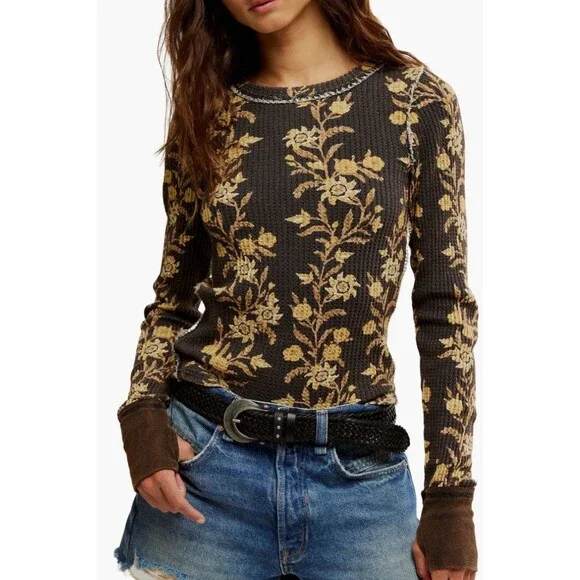 Free People Pretty Little Thermal Waffle Knit Shirt Top Small Floral Long Sleeve - Picture 1 of 10